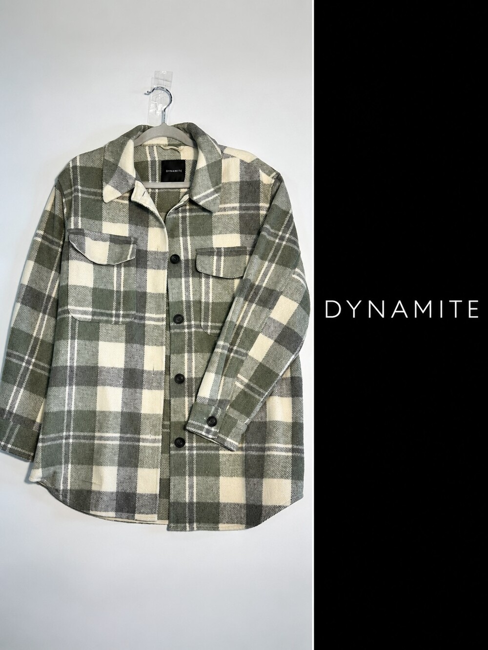 Dynamite York Plaid Shacket Green Grey Oversized Wool Blend Size M